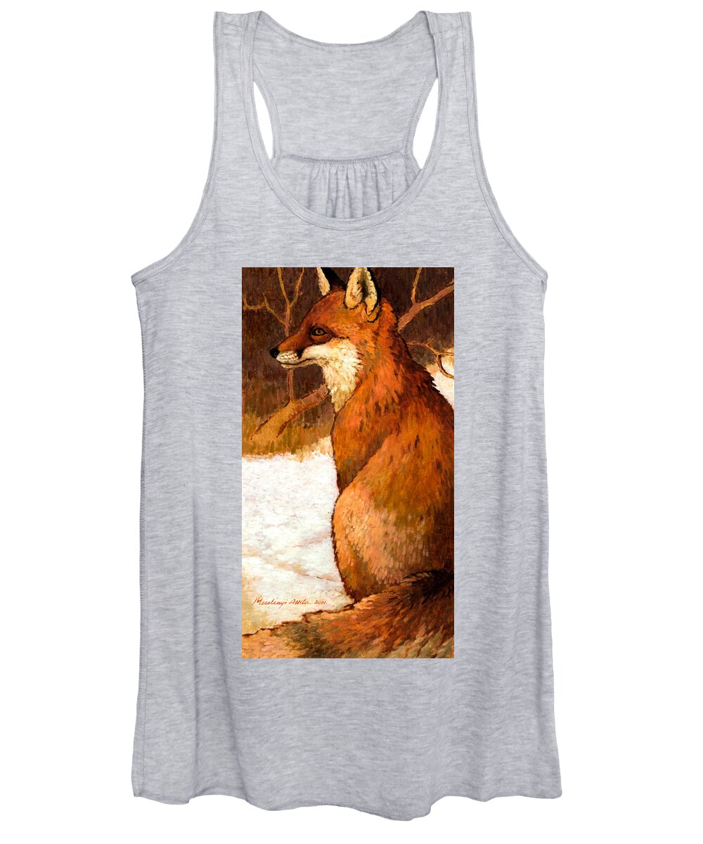 Fox Women's Tank Top featuring the painting Sitting Fox by Attila Meszlenyi