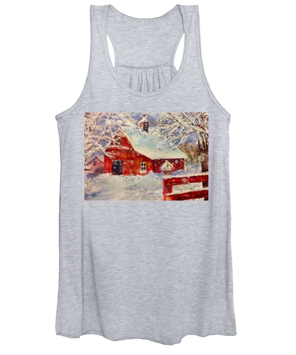 Barn Women's Tank Top featuring the painting Snowflakes Falling at the Red Barn by Cheryl Wallace