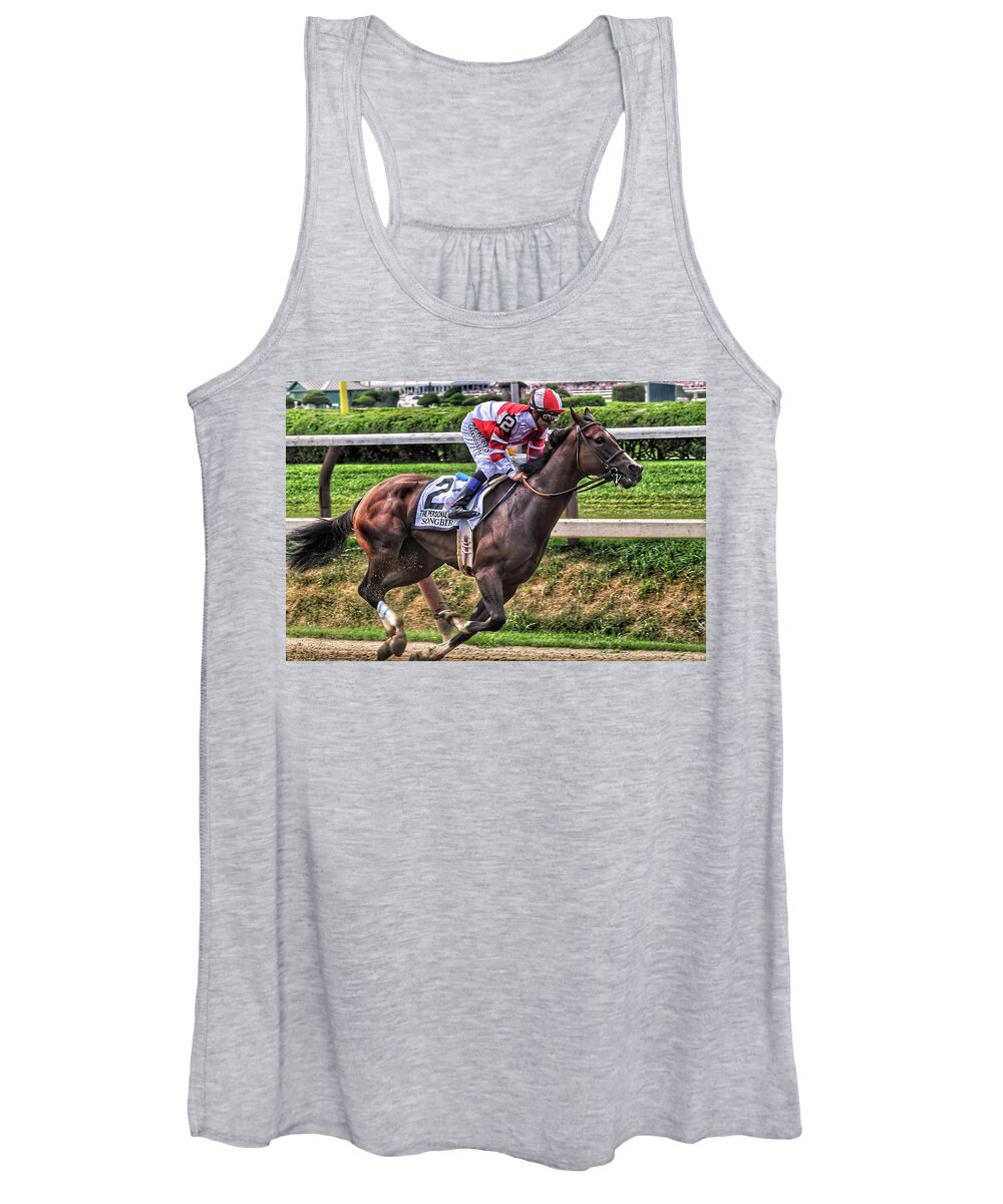 Race Horses Women's Tank Top featuring the photograph Songbird with Mike Smith Saratoga August 2017 by Jeffrey PERKINS