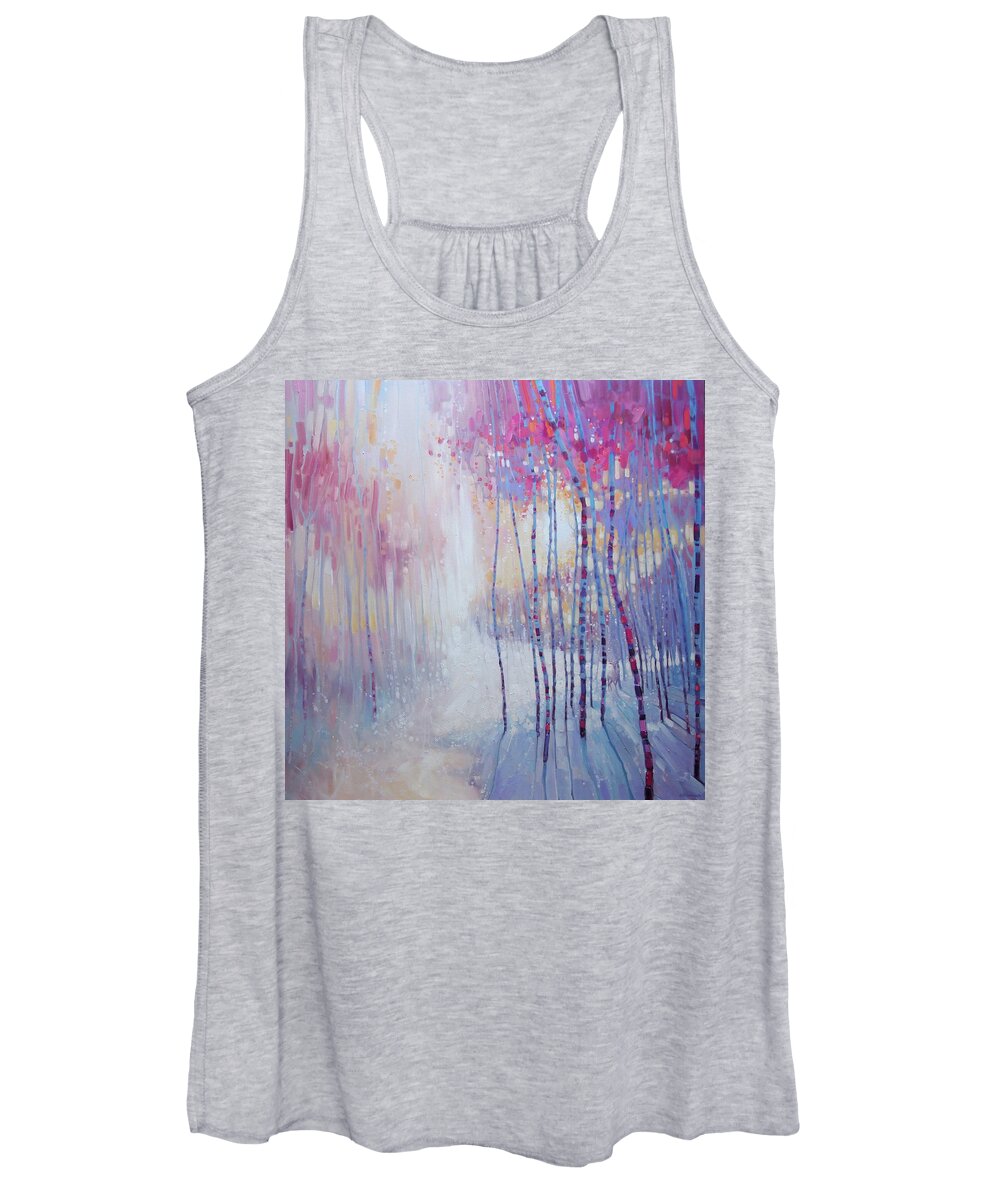 Snowy Landscapes Women's Tank Top featuring the painting Soul of Winter - a snowy forest with a albino deer by Gill Bustamante