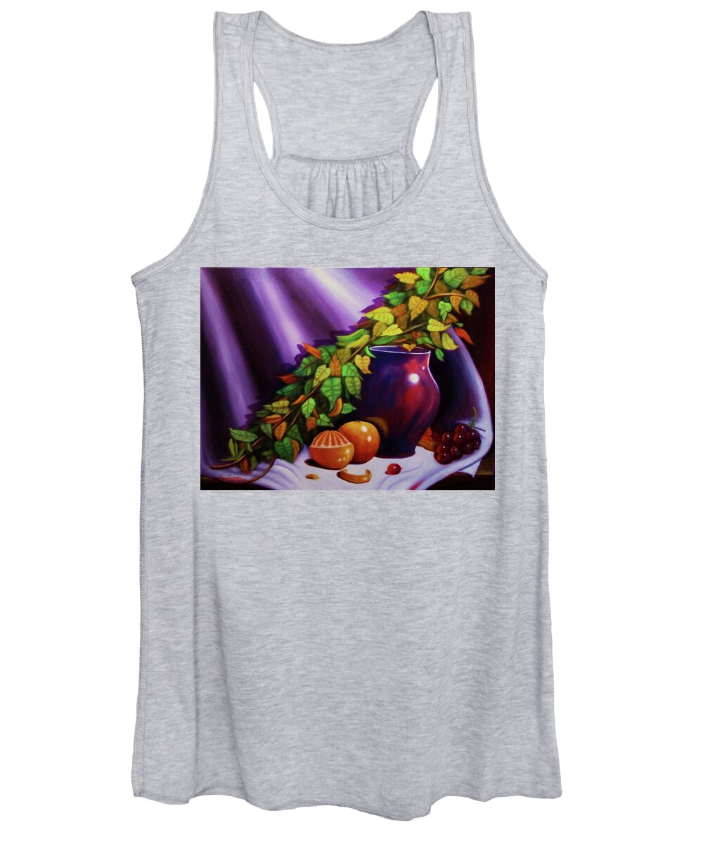 Oil On Canvas....purple Vase......oranges...grapes. Women's Tank Top featuring the painting Still life w/purple vase by Gene Gregory