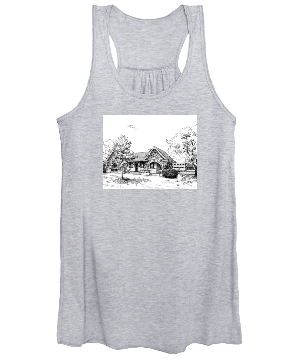 Train Women's Tank Top featuring the drawing Stone Ave. Train Station by Mary Palmer