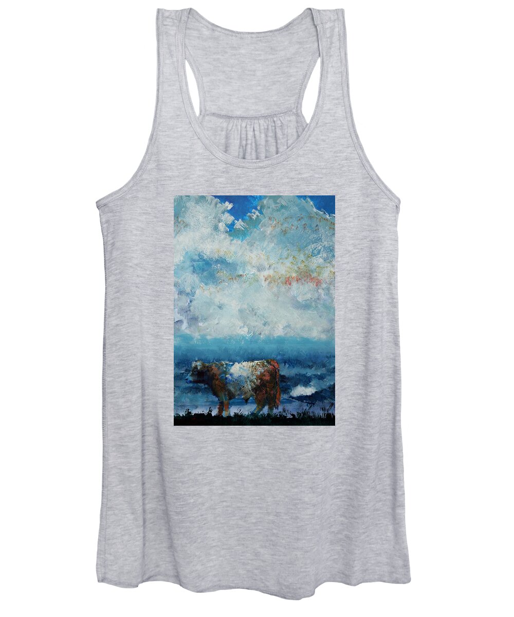 Belted Galloway Cows Women's Tank Top featuring the painting Storms Coming - Belted Galloway Cow Under a Colorful Cloudy Sky by Mike Jory