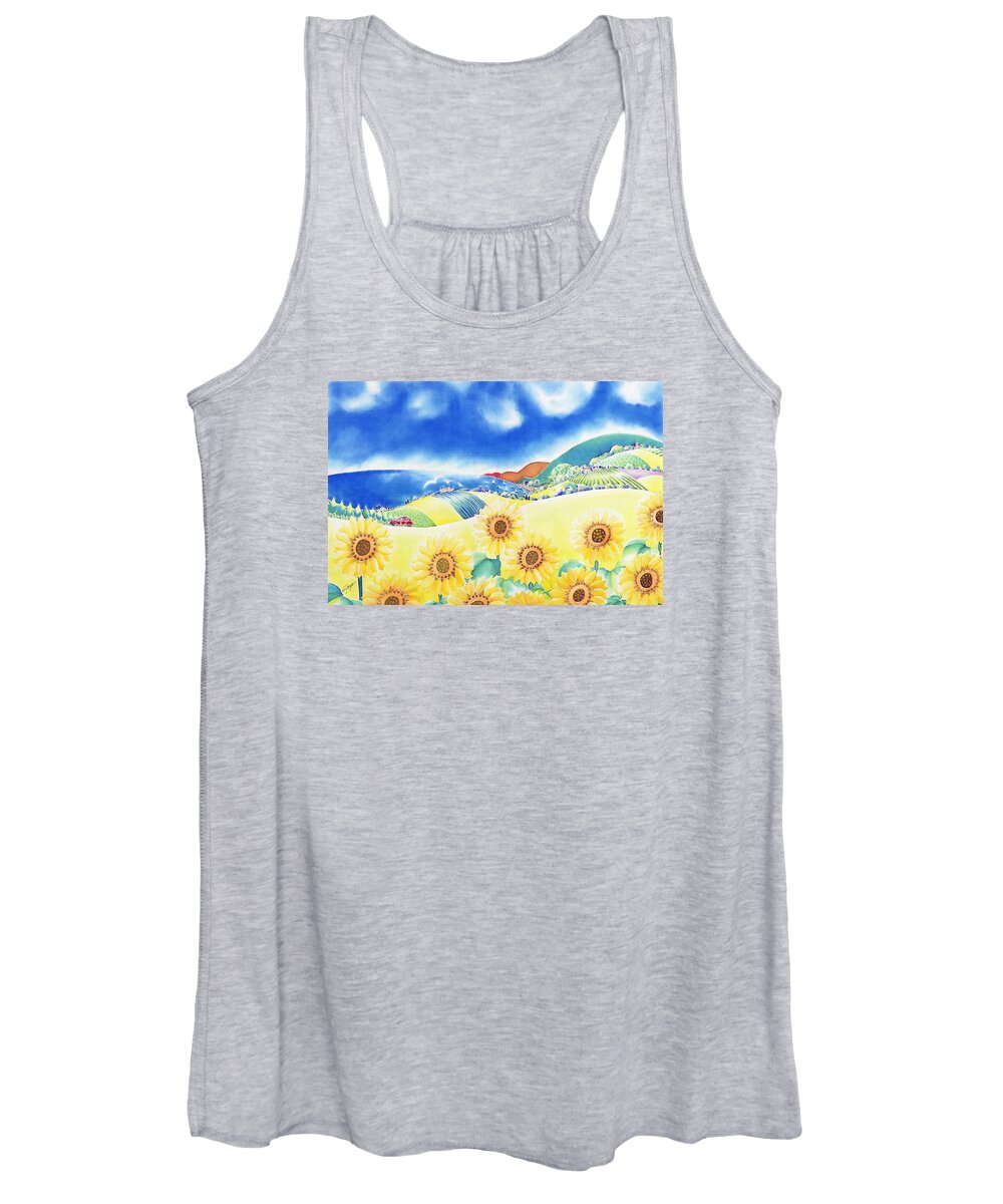 Sunflower Women's Tank Top featuring the painting Sunflower hills by Hisayo OHTA
