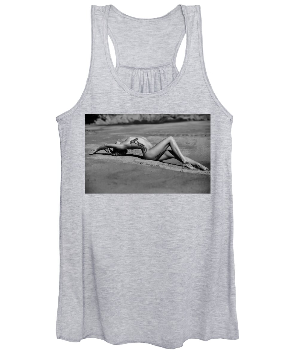 Nude Women's Tank Top featuring the photograph Tattoo Woman on the Beach by Vitaly Vachrushev