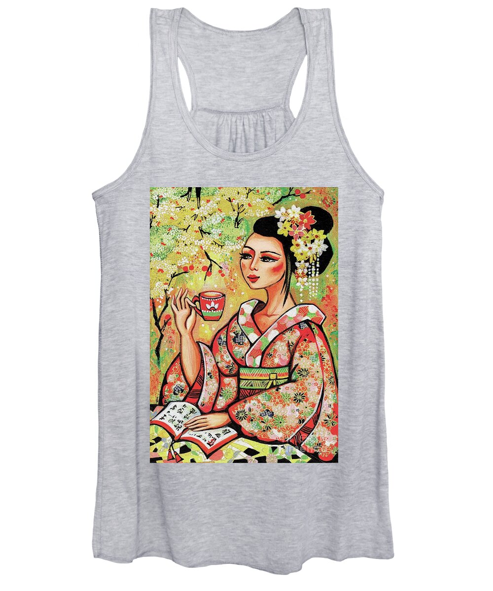 Woman And Tea Women's Tank Top featuring the painting Tea in the Garden by Eva Campbell