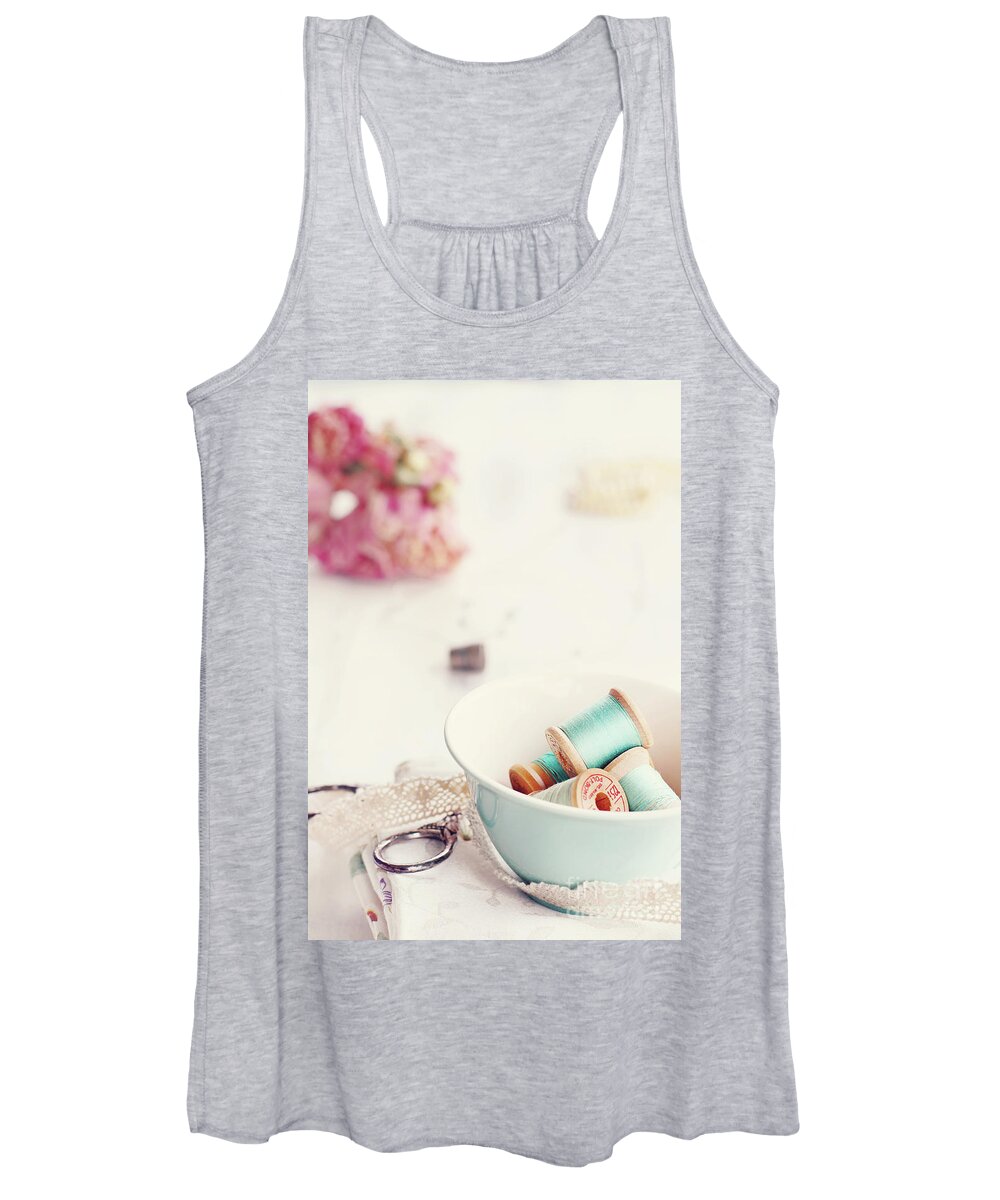 Vintage Women's Tank Top featuring the photograph Teacup Full of Vintage Spools of Thread by Stephanie Frey