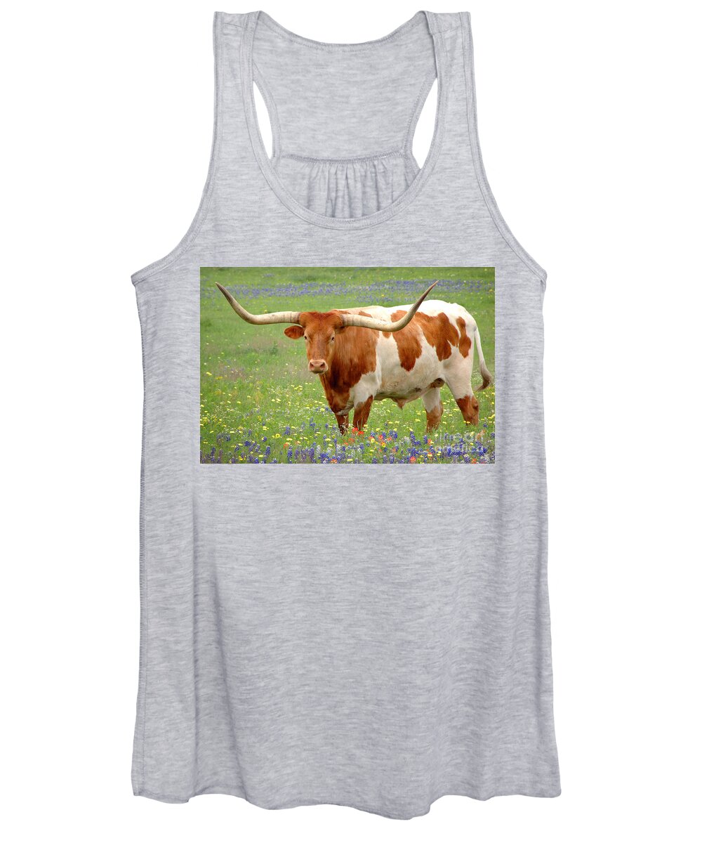 Texas Longhorn In Bluebonnets Women's Tank Top featuring the photograph Texas Longhorn Standing in Bluebonnets by Jon Holiday