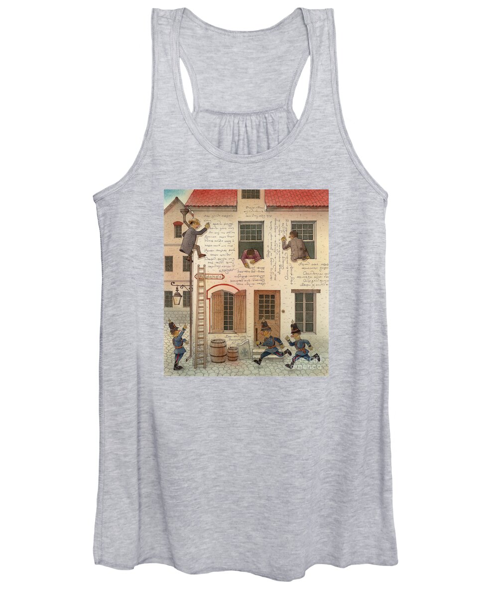 House Town City Oldtown Police Landscape Writing Graffiti Women's Tank Top featuring the painting The house of writers by Kestutis Kasparavicius