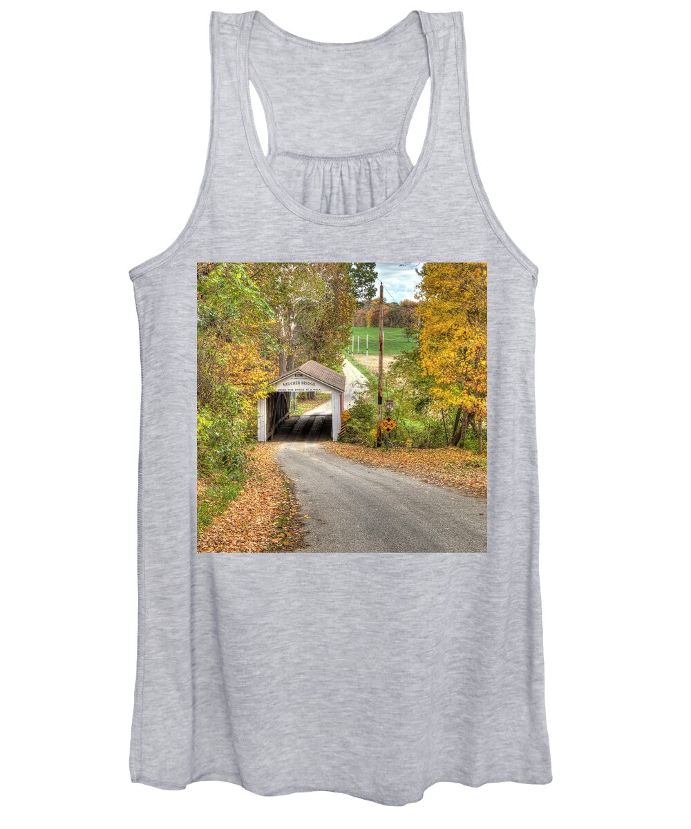 Covered Bridge Women's Tank Top featuring the photograph The Melcher Covered Bridge by Harold Rau