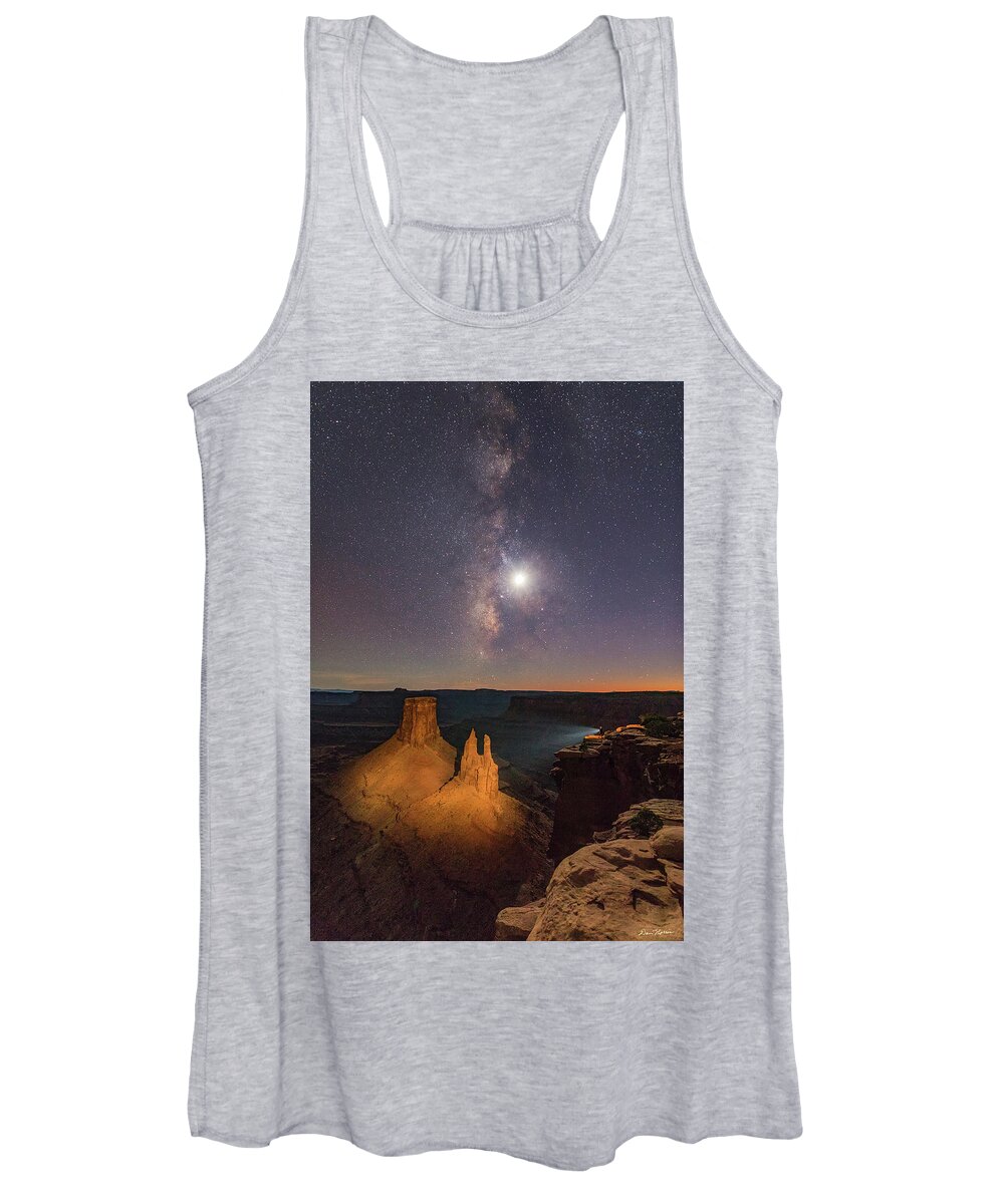 Moab Women's Tank Top featuring the photograph The Milky Way and the Moon from Marlboro Point by Dan Norris