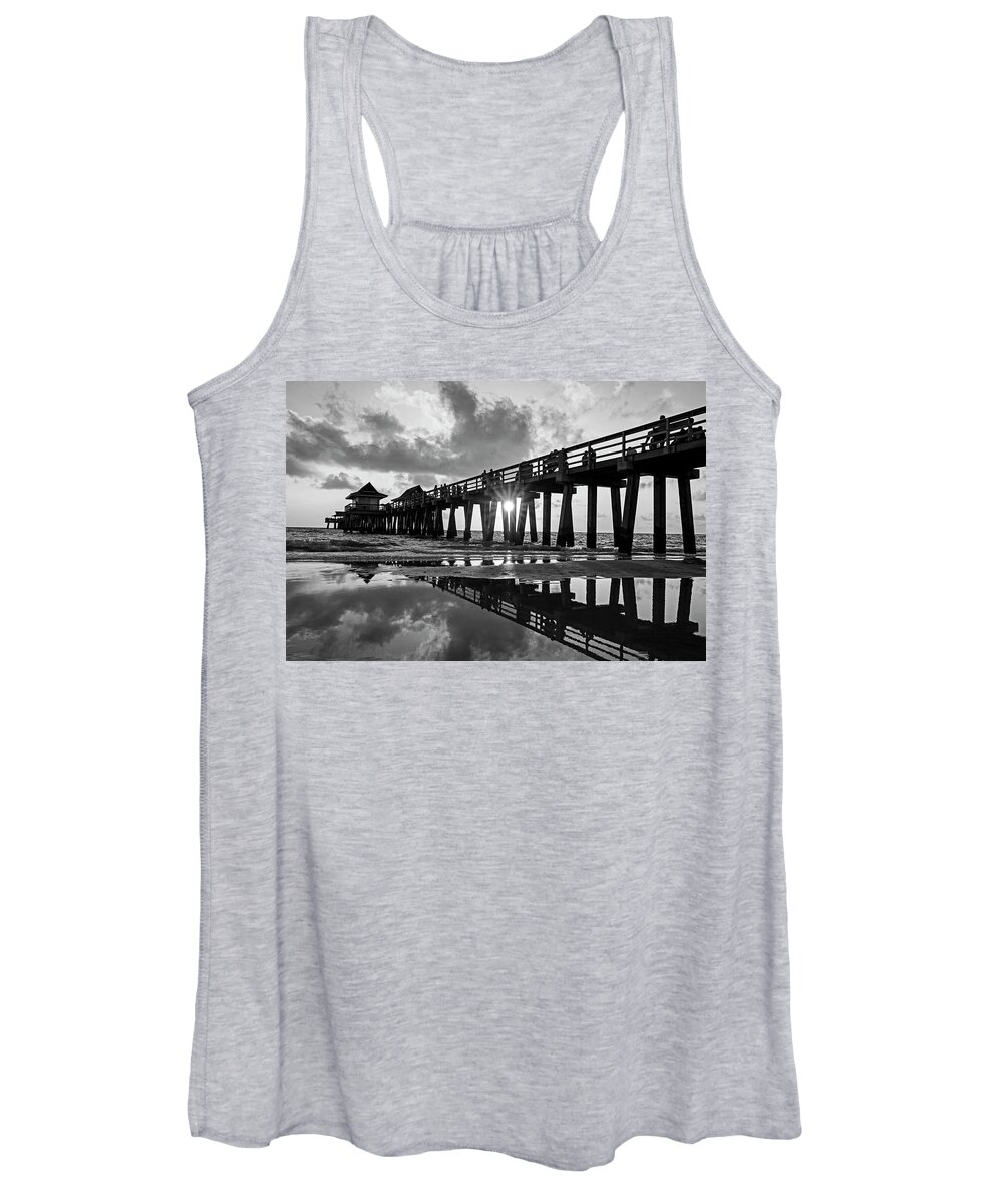 Naples Women's Tank Top featuring the photograph Naples pier at sunset Naples Florida Black and White by Toby McGuire