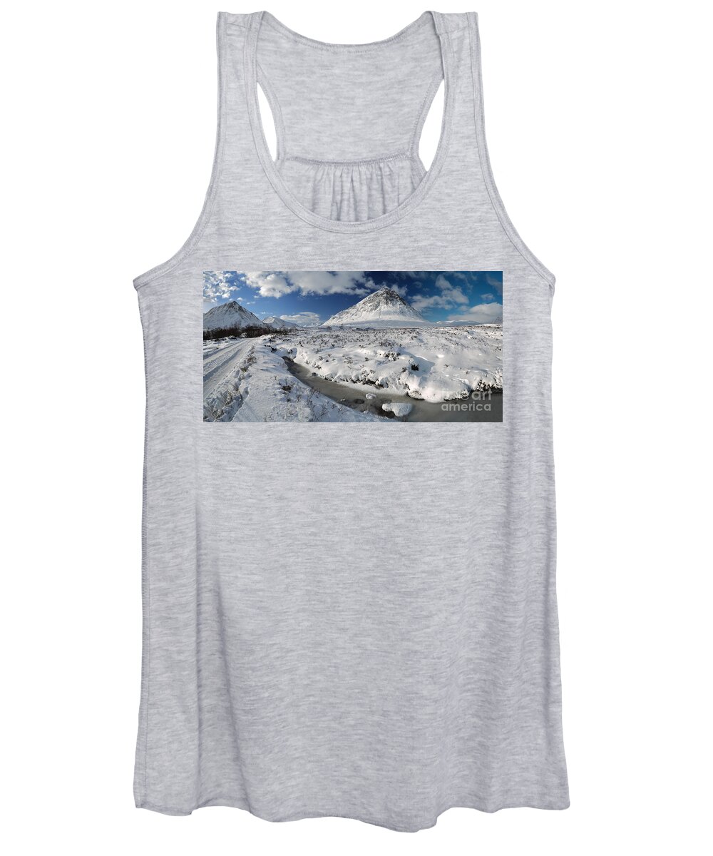 Buachaille Etive Mor Women's Tank Top featuring the photograph The road to Glen Etive in Winter - Panorama by Maria Gaellman