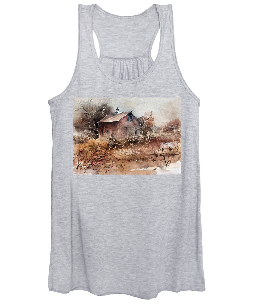 A Weathered Barn Sets In The Fields Of Autumn Color Women's Tank Top featuring the painting Thoughts Of Autumn by Monte Toon