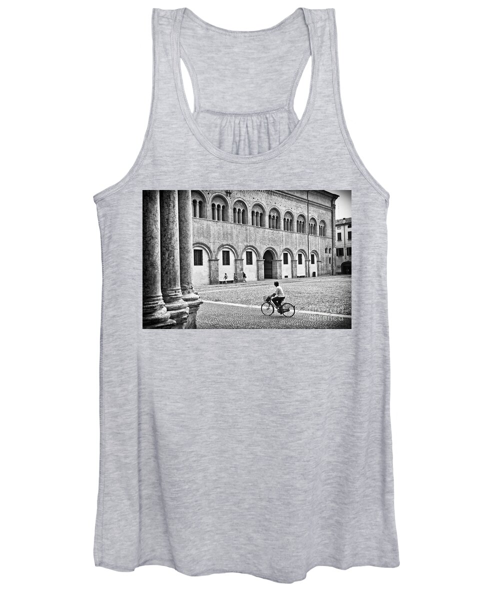 Black And White Women's Tank Top featuring the photograph Three walking one biking by Silvia Ganora