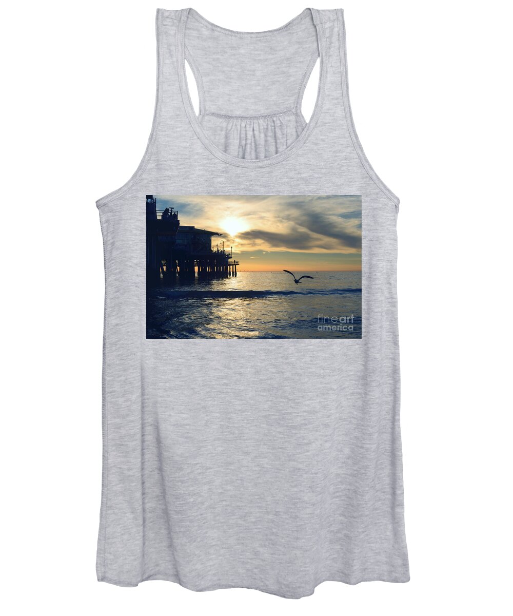 Seagull Women's Tank Top featuring the photograph Seagull Pier Sunrise Seascape C1 by Ricardos Creations