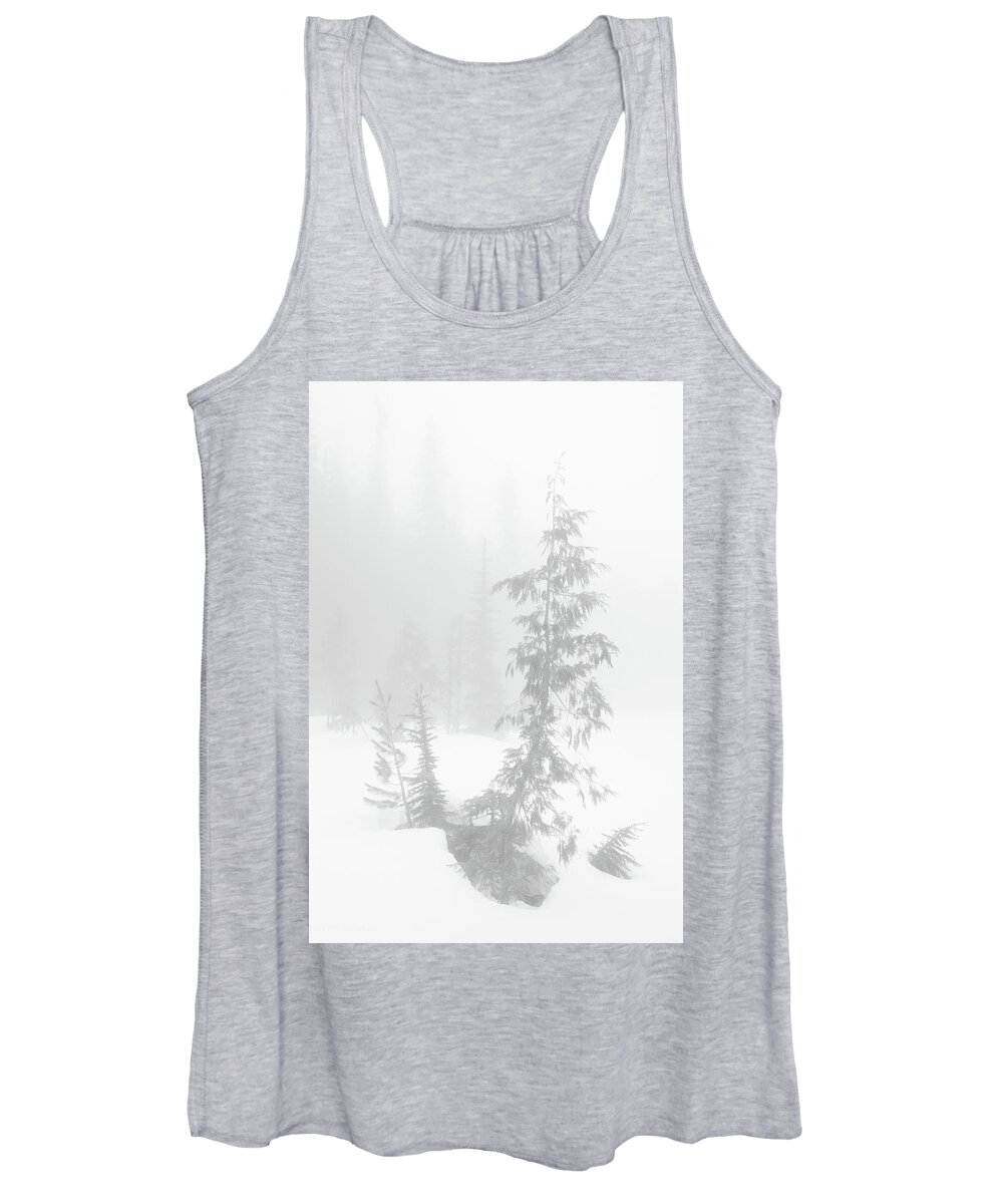 Tree Women's Tank Top featuring the photograph Trees in Fog Monochrome by Tim Newton