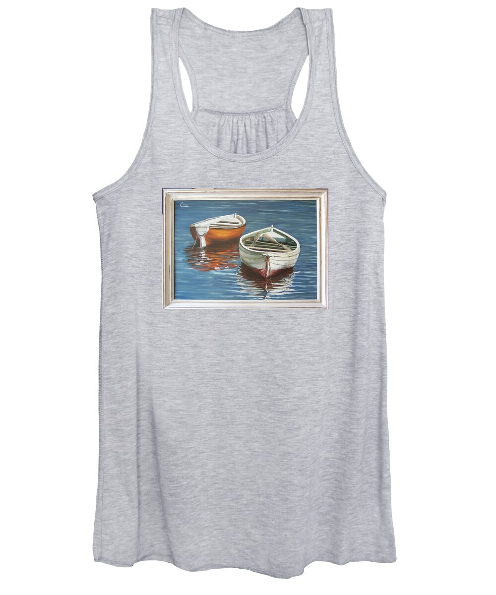 Boats Reflection Seascape Water Boat Sea Ocean Women's Tank Top featuring the painting Two Boats by Natalia Tejera