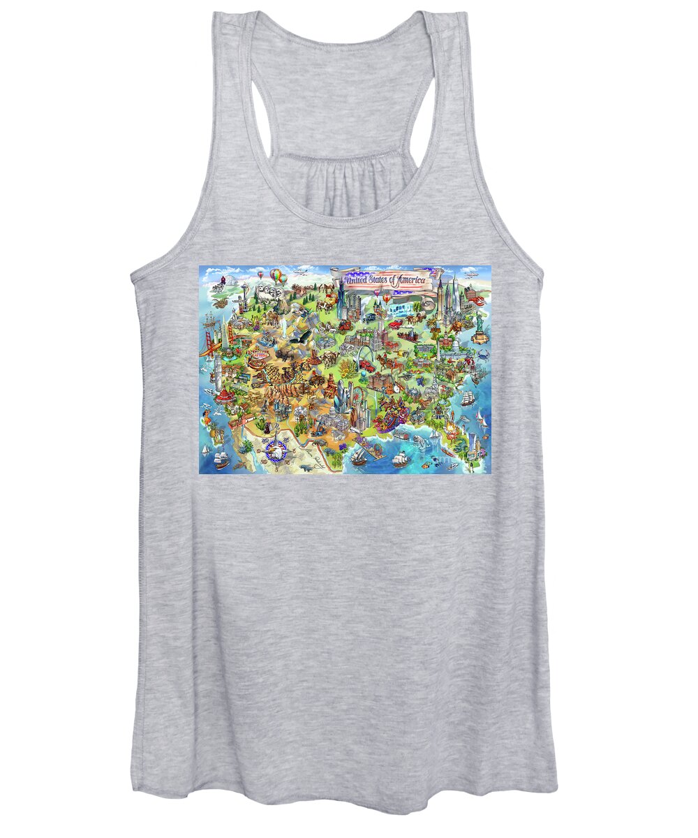 Los Angeles Women's Tank Top featuring the painting USA Wonders Map Illustration by Maria Rabinky