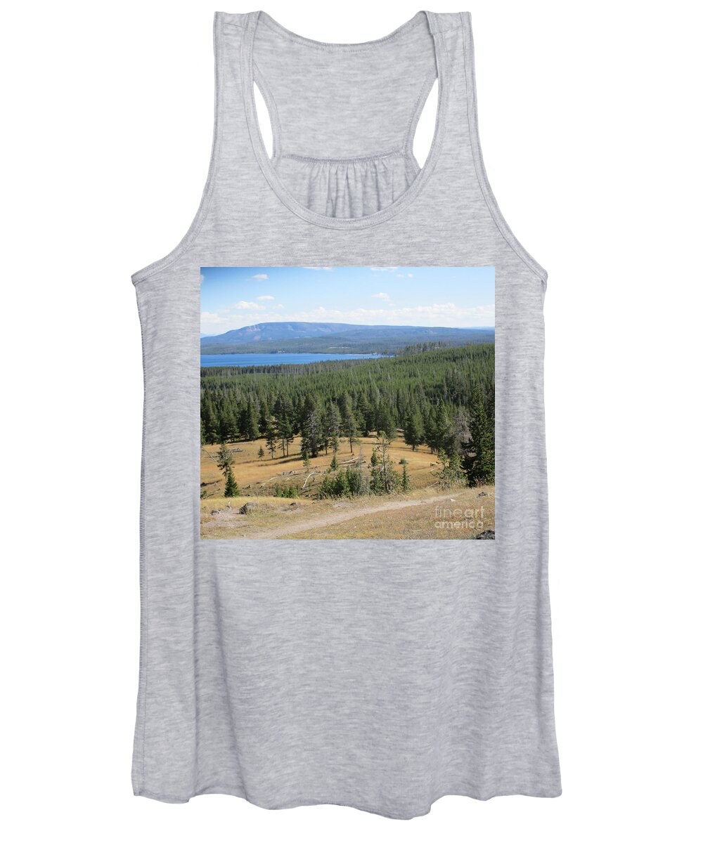 Yellowstone Women's Tank Top featuring the photograph View of Yellowstone Lake from top of trail by Marie Neder