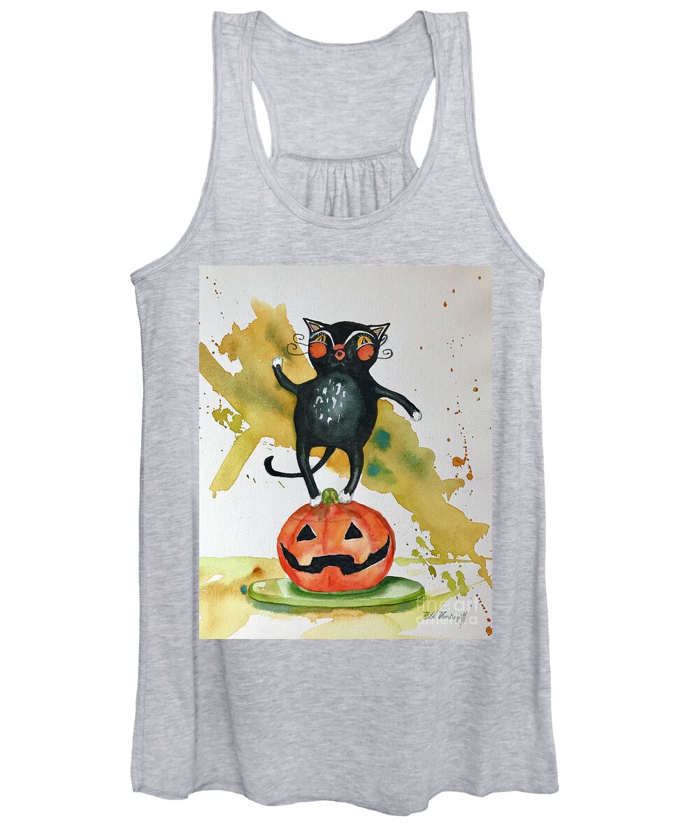 Cat Women's Tank Top featuring the painting Vintage Halloween Cat by Hilda Vandergriff
