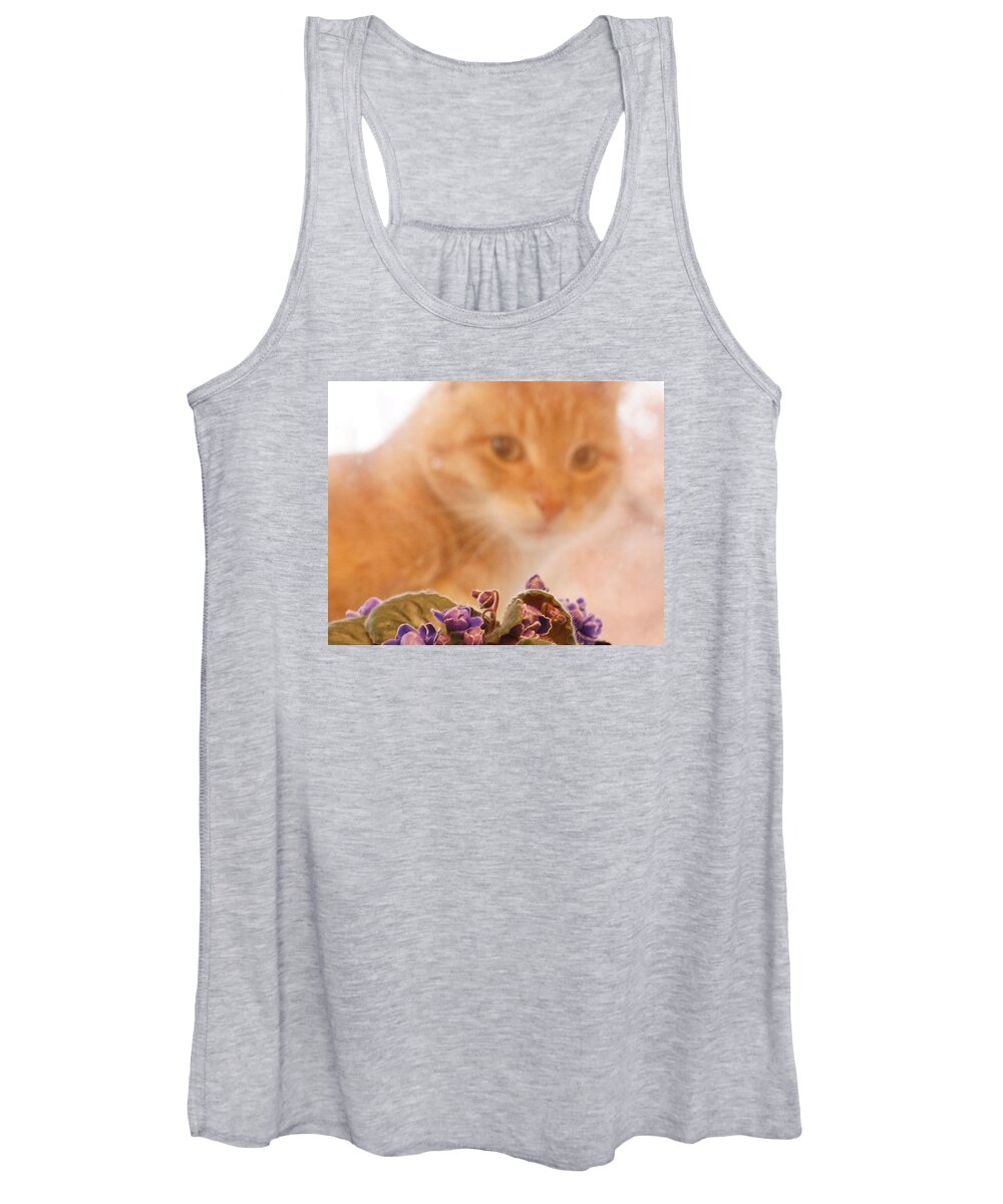 Orange Tabby Cat Women's Tank Top featuring the digital art Violets with Cat by Jana Russon