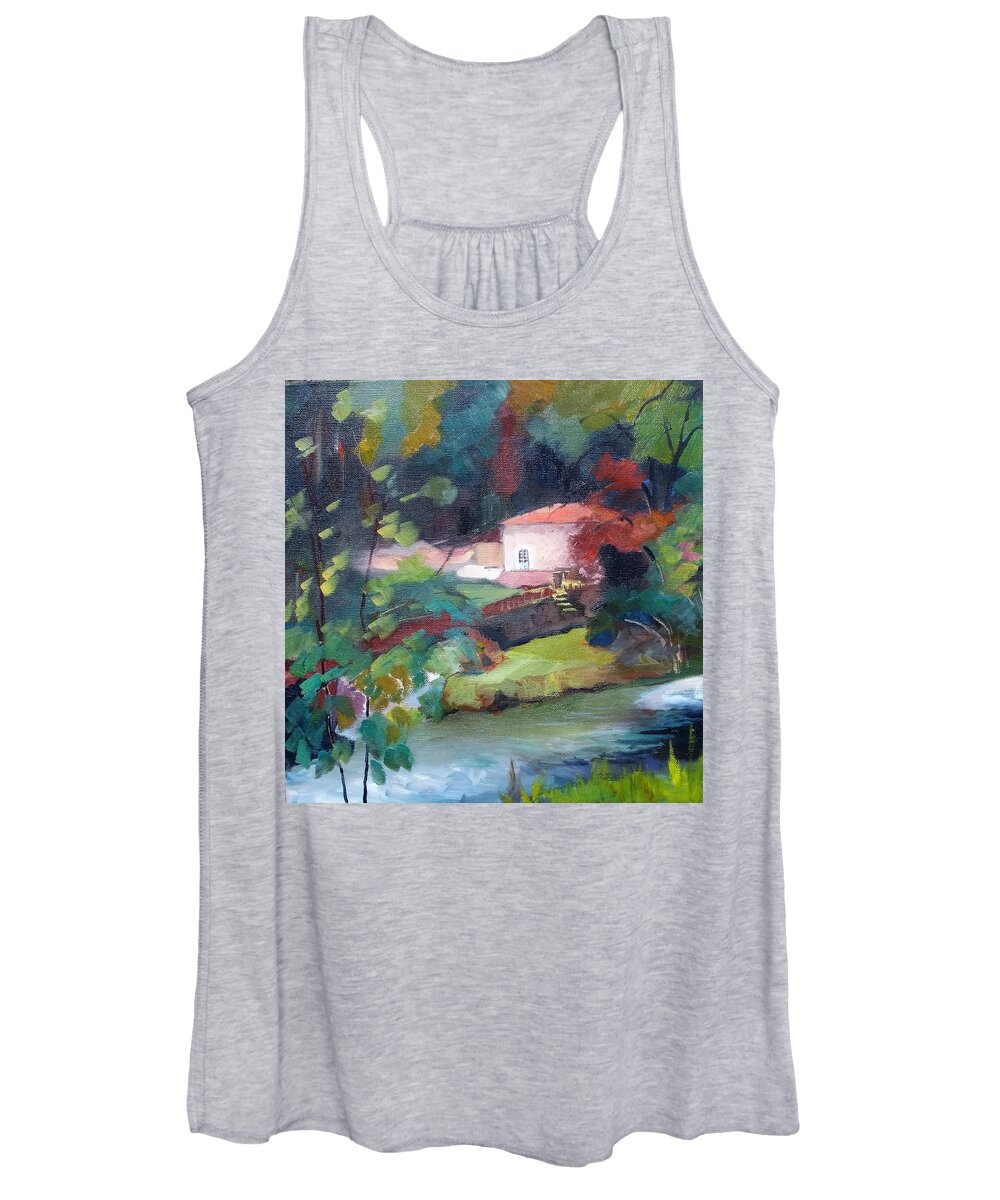  Women's Tank Top featuring the painting Water Mill Theillaud on the Gartempe 87 by Kim PARDON