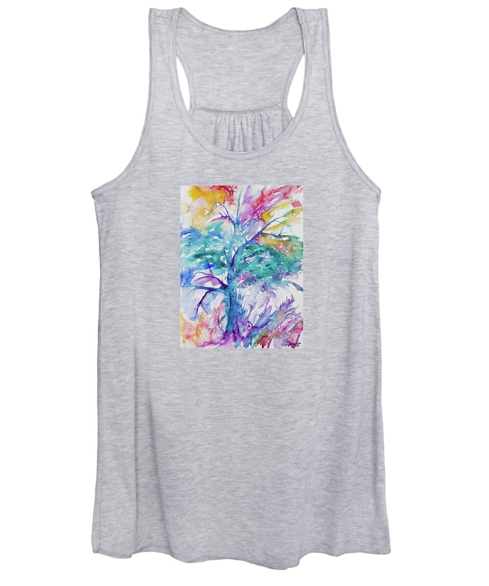Tree Women's Tank Top featuring the painting Watercolor - Colorful Abstract Tree by Cascade Colors