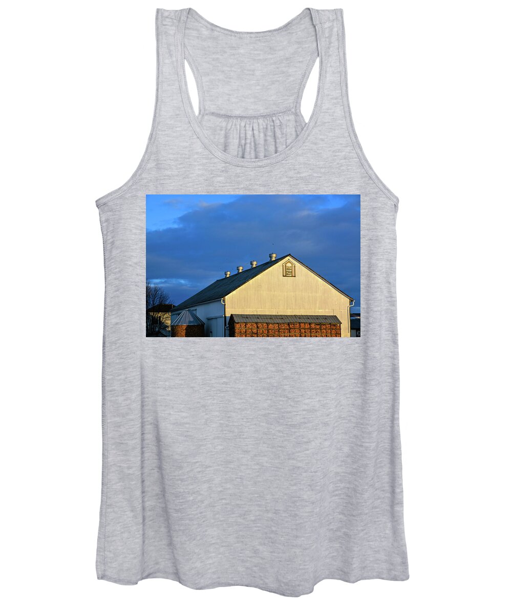 Amish Farm Women's Tank Top featuring the photograph Petersheim's Barn on Blue by Tana Reiff