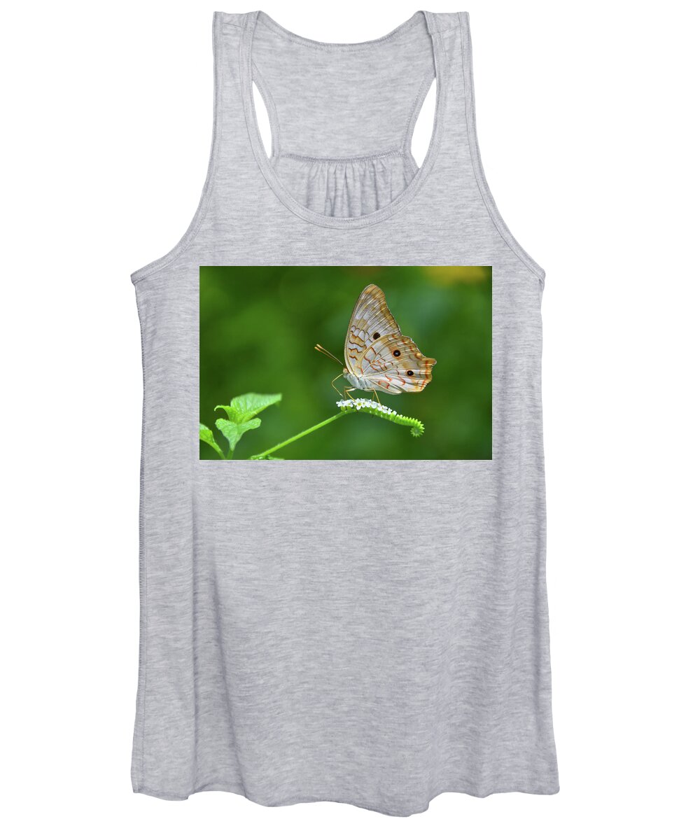 Butterfly Women's Tank Top featuring the photograph White Peacock Butterfly on Small White Flowers by Artful Imagery