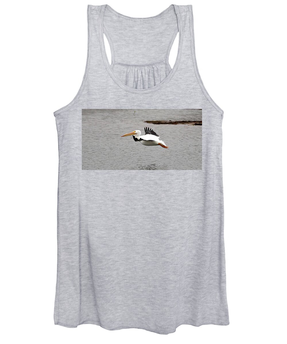 James Smullins Women's Tank Top featuring the photograph White pelican in flight by James Smullins
