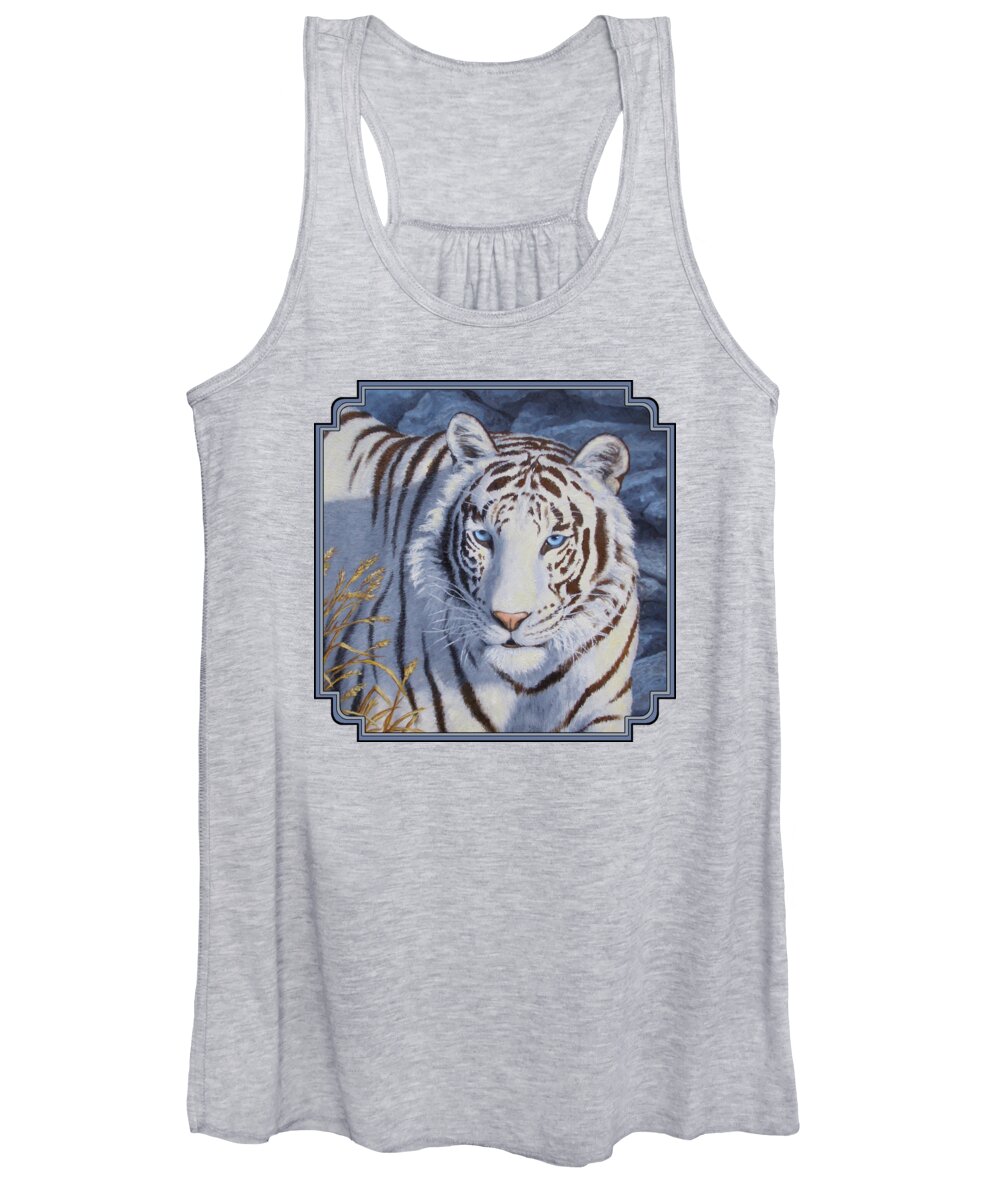 Cat Women's Tank Top featuring the painting White Tiger - Crystal Eyes by Crista Forest