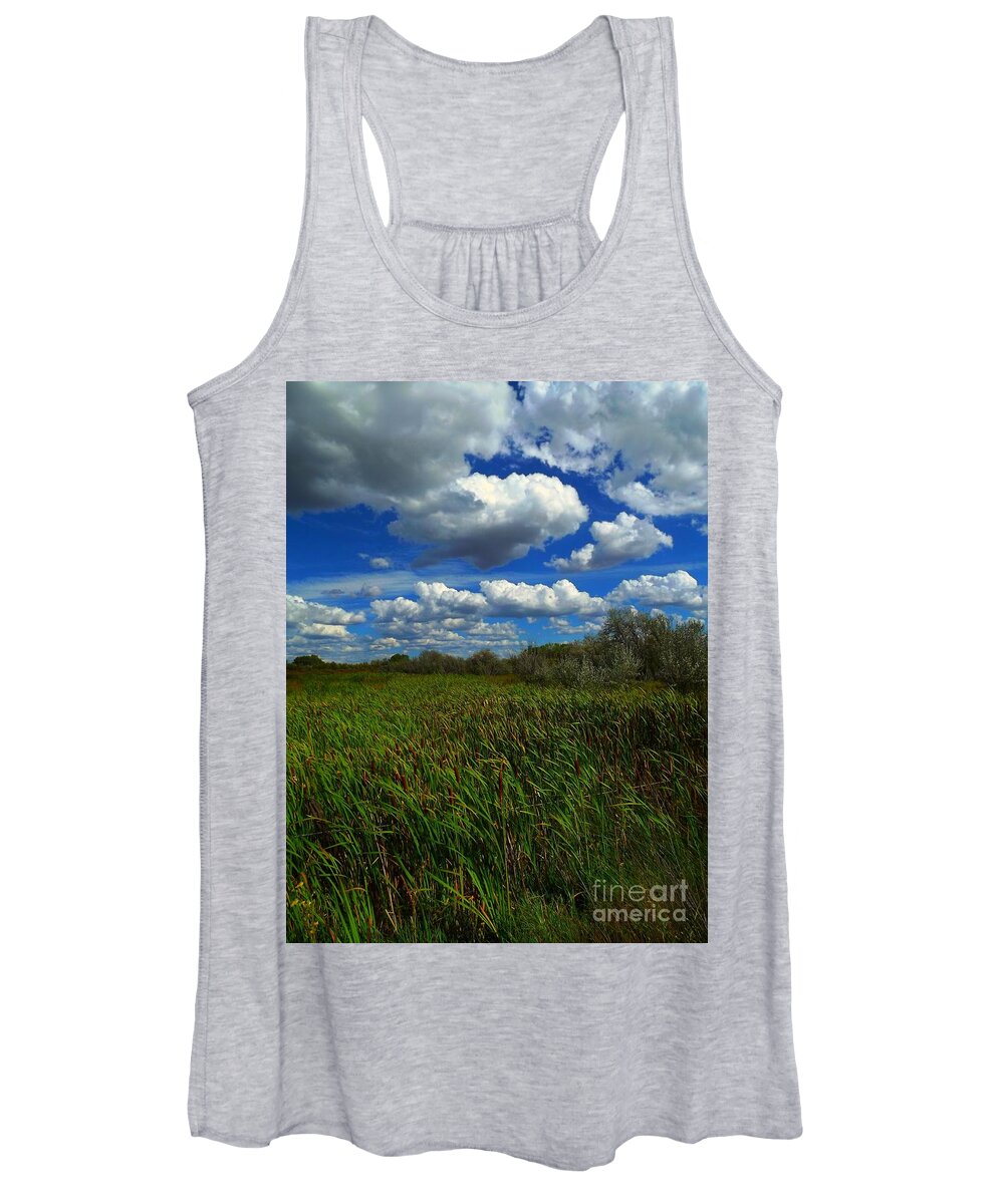 Nucla Mesa Women's Tank Top featuring the digital art Wind in the cattails by Annie Gibbons