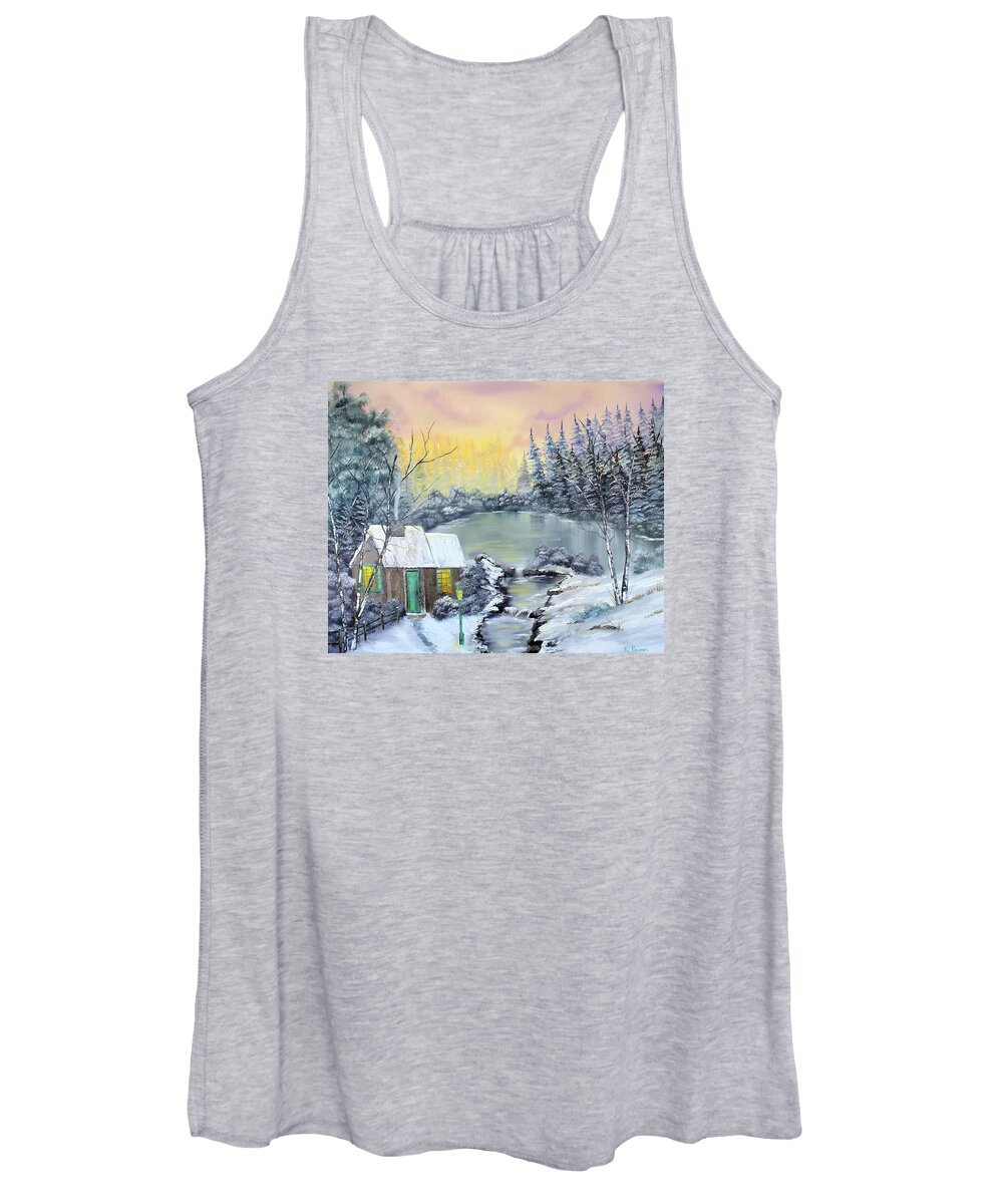 Winter Women's Tank Top featuring the painting Winter Cabin by Kevin Brown