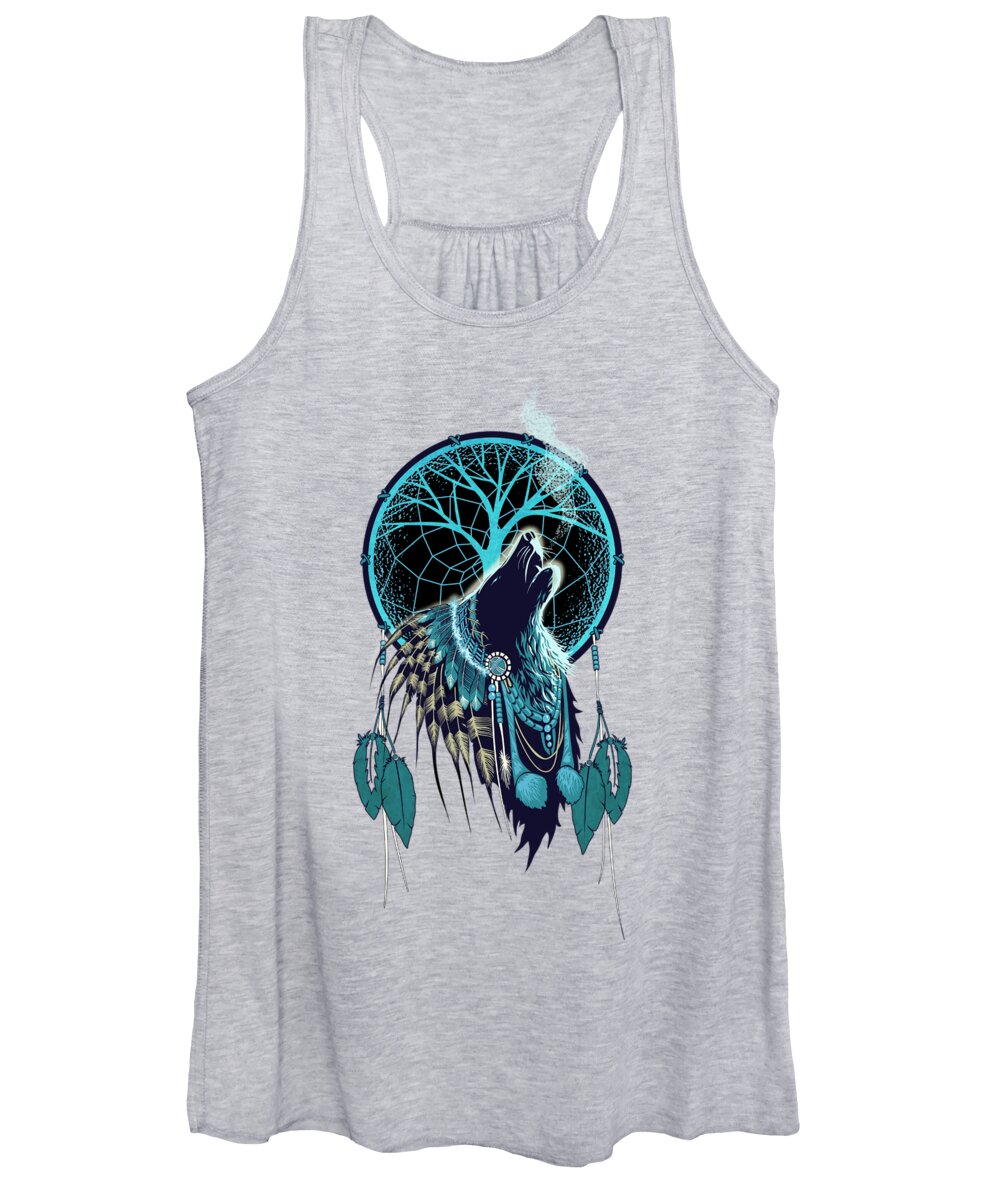 Wolf Women's Tank Top featuring the painting Wolf Indian Shaman by Sassan Filsoof