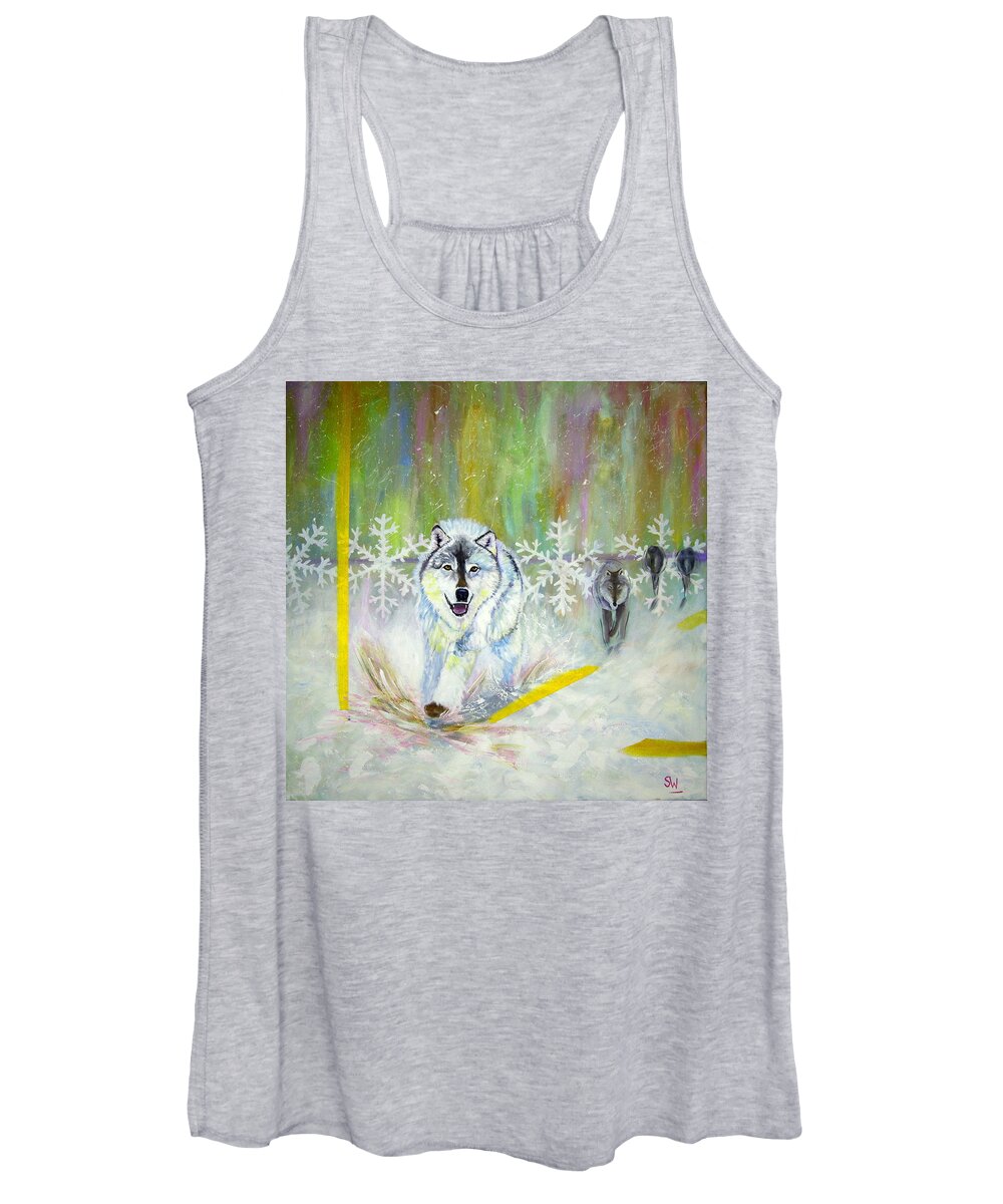 Art Women's Tank Top featuring the painting Wolves approach by Shirley Wellstead
