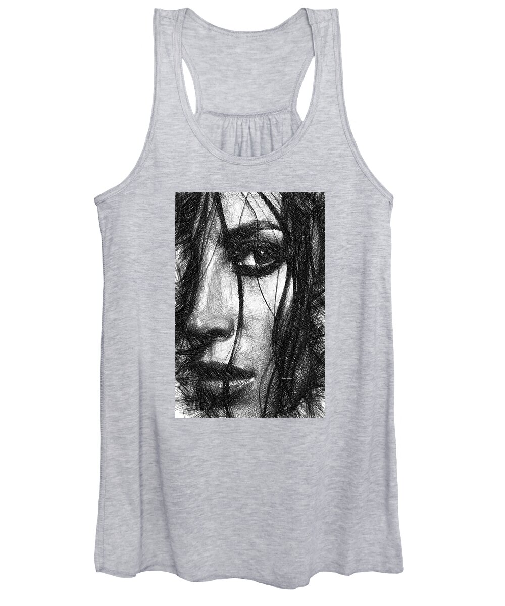 Female Women's Tank Top featuring the digital art Woman Sketch in Black and White by Rafael Salazar