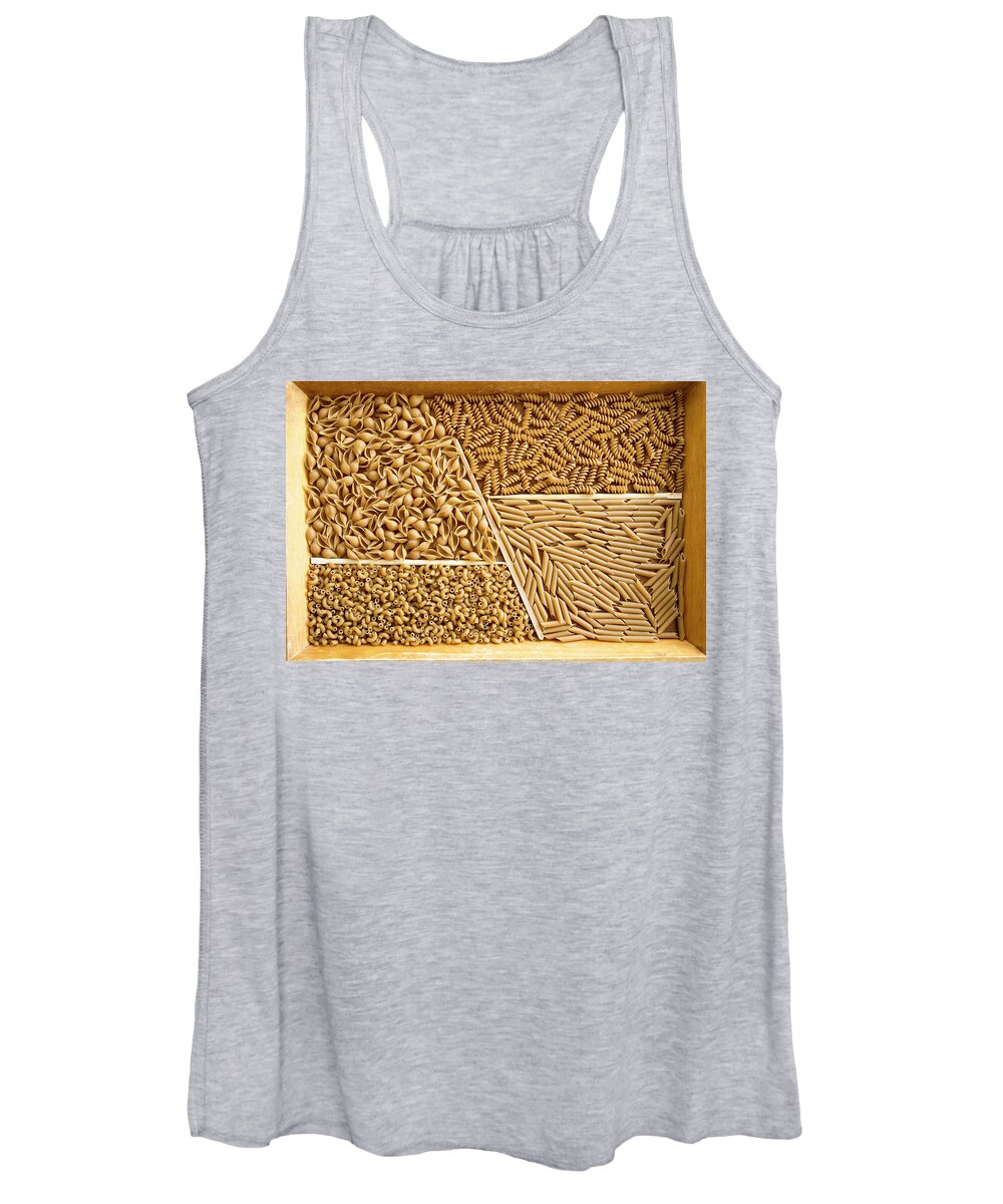 Assorted Women's Tank Top featuring the photograph Wooden tray with assorted whole wheat pasta by Karen Foley