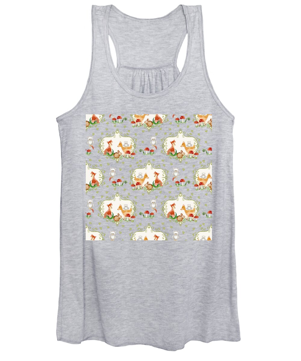 Trendy Women's Tank Top featuring the painting Woodland Fairy Tale - Mint Green Sweet Animals Fox Deer Rabbit owl - Half Drop Repeat by Audrey Jeanne Roberts