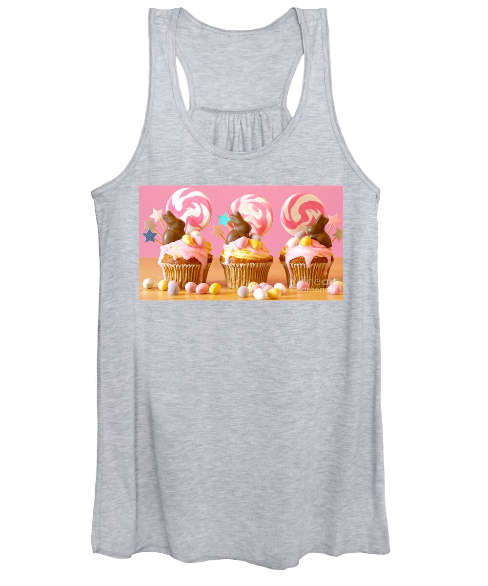 Easter Women's Tank Top featuring the photograph Easter theme candy land drip cupcakes in party table setting. #1 by Milleflore Images