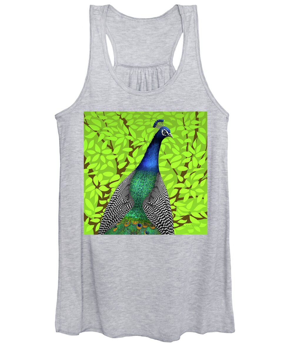 Peacock In Tree Women's Tank Top featuring the painting Peacock in Tree, Lime Green, Square by David Arrigoni