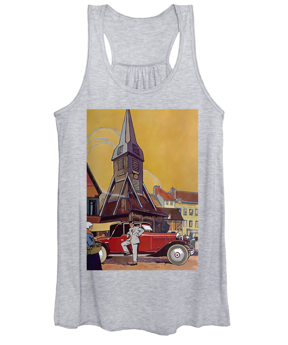 Vintage Women's Tank Top featuring the mixed media 1927 Coupe With Gentlemen In Rural Town Setting Original French Art Deco Illustration by Retrographs