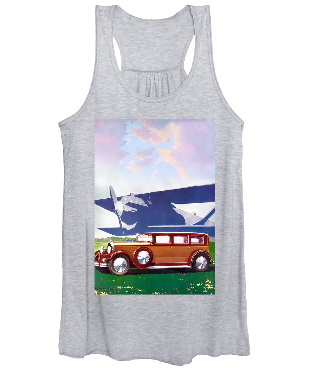 Vintage Women's Tank Top featuring the mixed media 1928 Lorraine With Biplane At Airfield Original French Art Deco Illustration by Retrographs