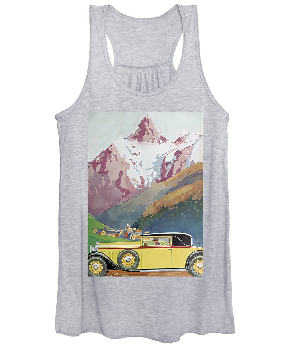 Vintage Women's Tank Top featuring the mixed media 1932 Lorraine Coupe With Driver In Alpine Setting Original French Art Deco Illustration by Retrographs