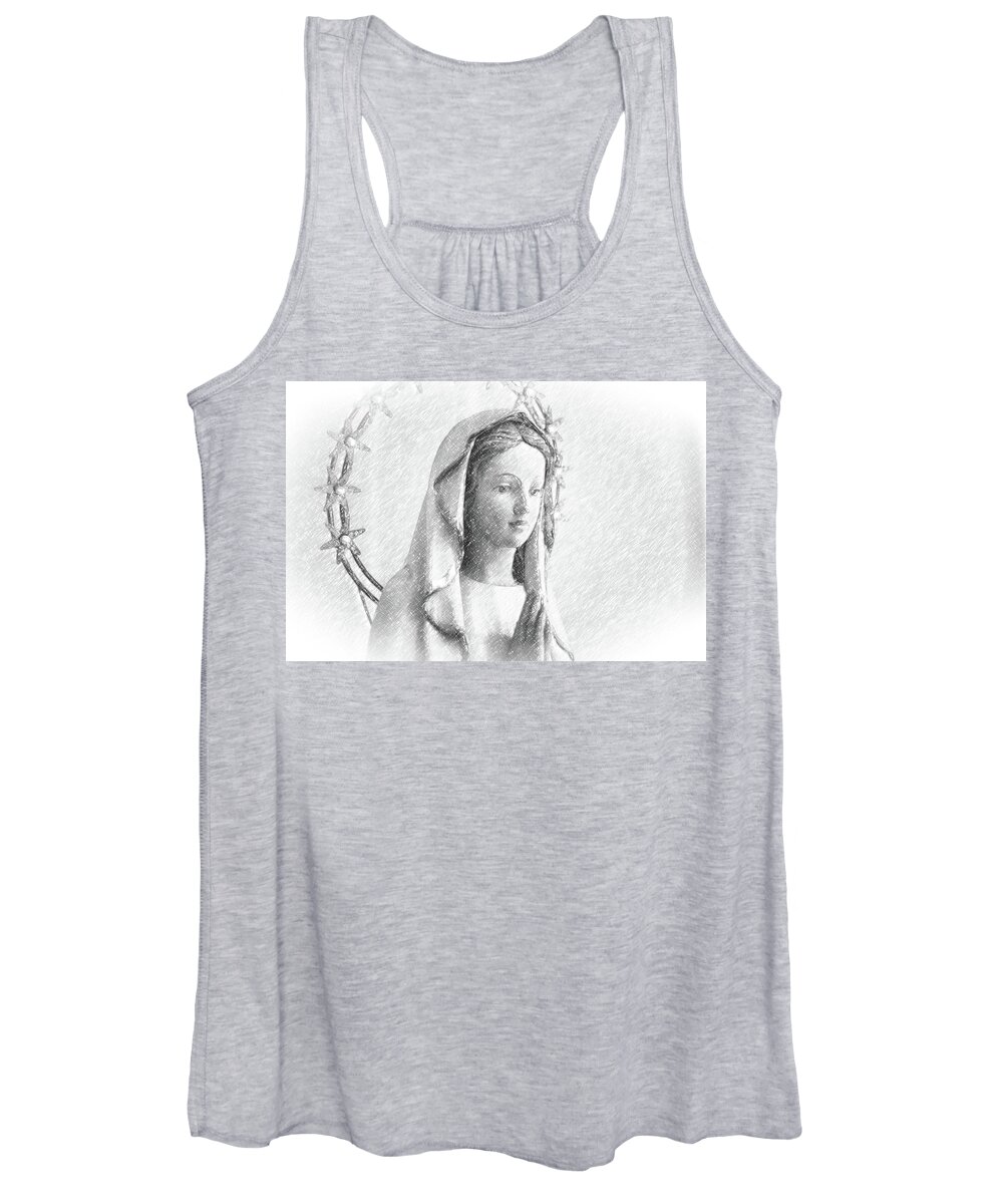 Blessed Virgin Mary Women's Tank Top featuring the photograph pencil sketch with vignette of Blessed Virgin Mary #2 by Vivida Photo PC