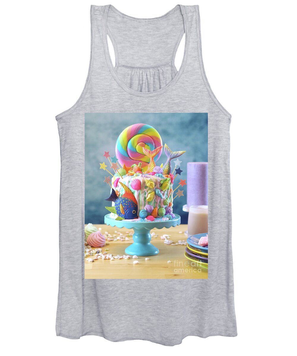 Mermaid Women's Tank Top featuring the photograph Mermaid theme candyland cake with glitter tails, shells and sea creatures. #3 by Milleflore Images