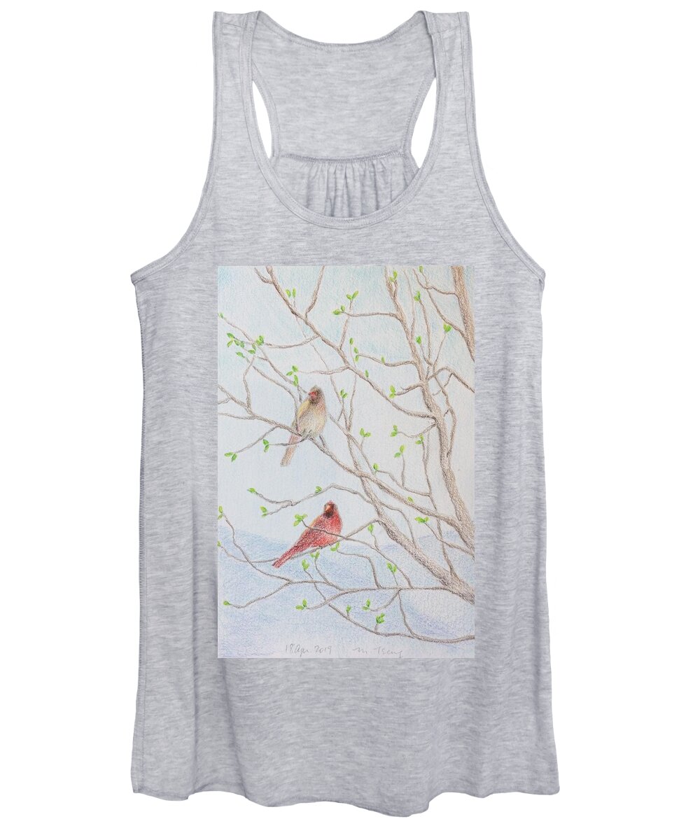 Framed Prints Women's Tank Top featuring the drawing A pair of cardinals on magnolia tree by Milly Tseng