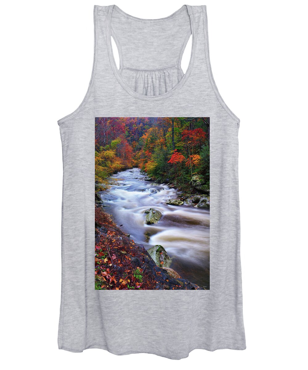 Great Smoky Mountains National Park Women's Tank Top featuring the photograph A River Runs Through Autumn by Greg Norrell