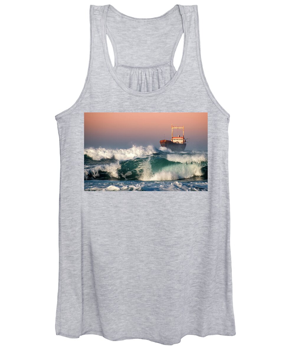 Sea Women's Tank Top featuring the photograph Abandoned Ship and the stormy waves by Michalakis Ppalis