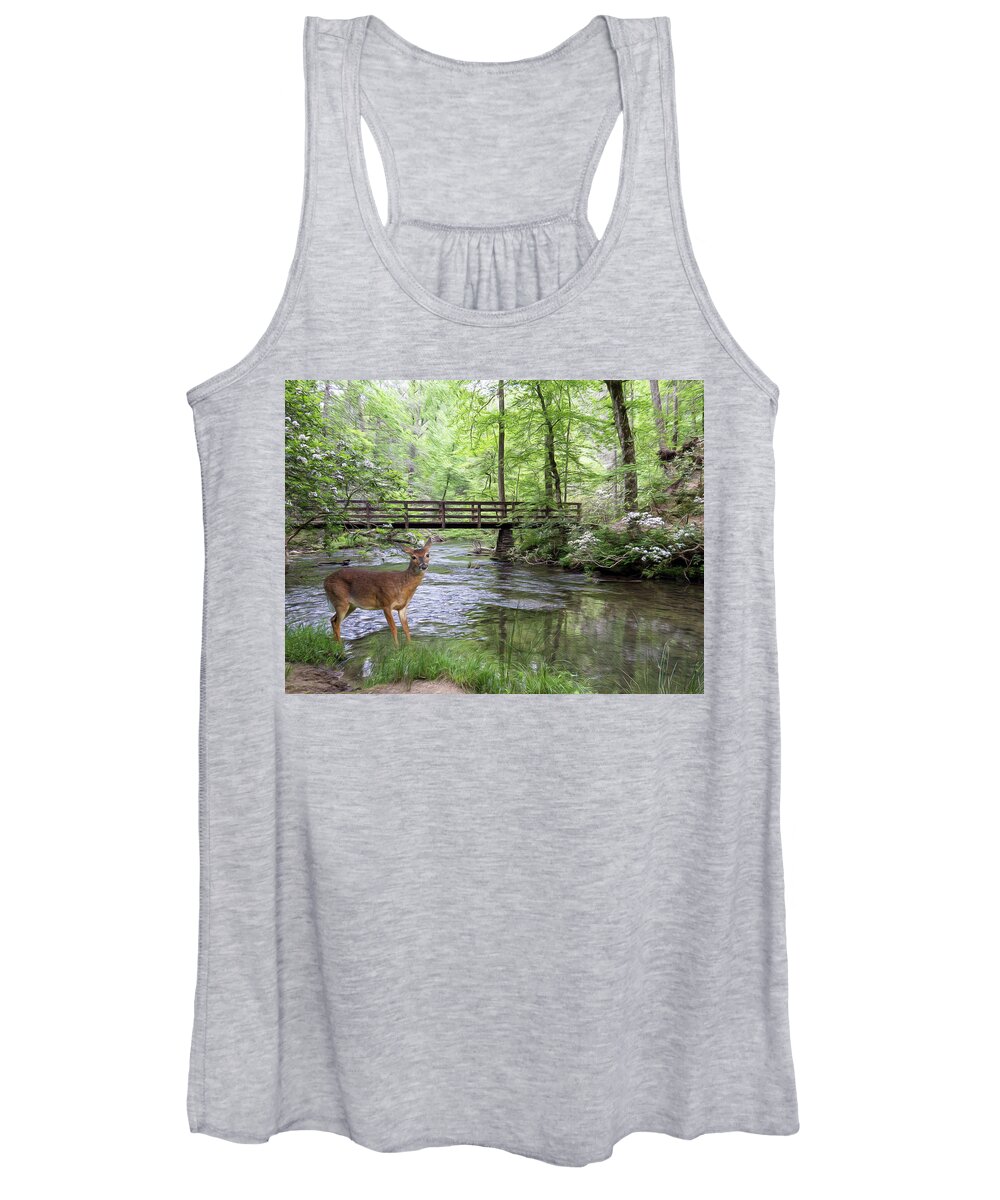 Deer Women's Tank Top featuring the photograph Alert Deer by Bridge in Cades Cove by Patti Deters